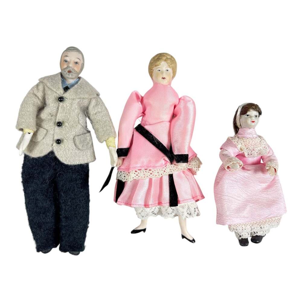 Vintage Miniature Porcelain Victorian Doll House Family Set of 3 Man Woman Child